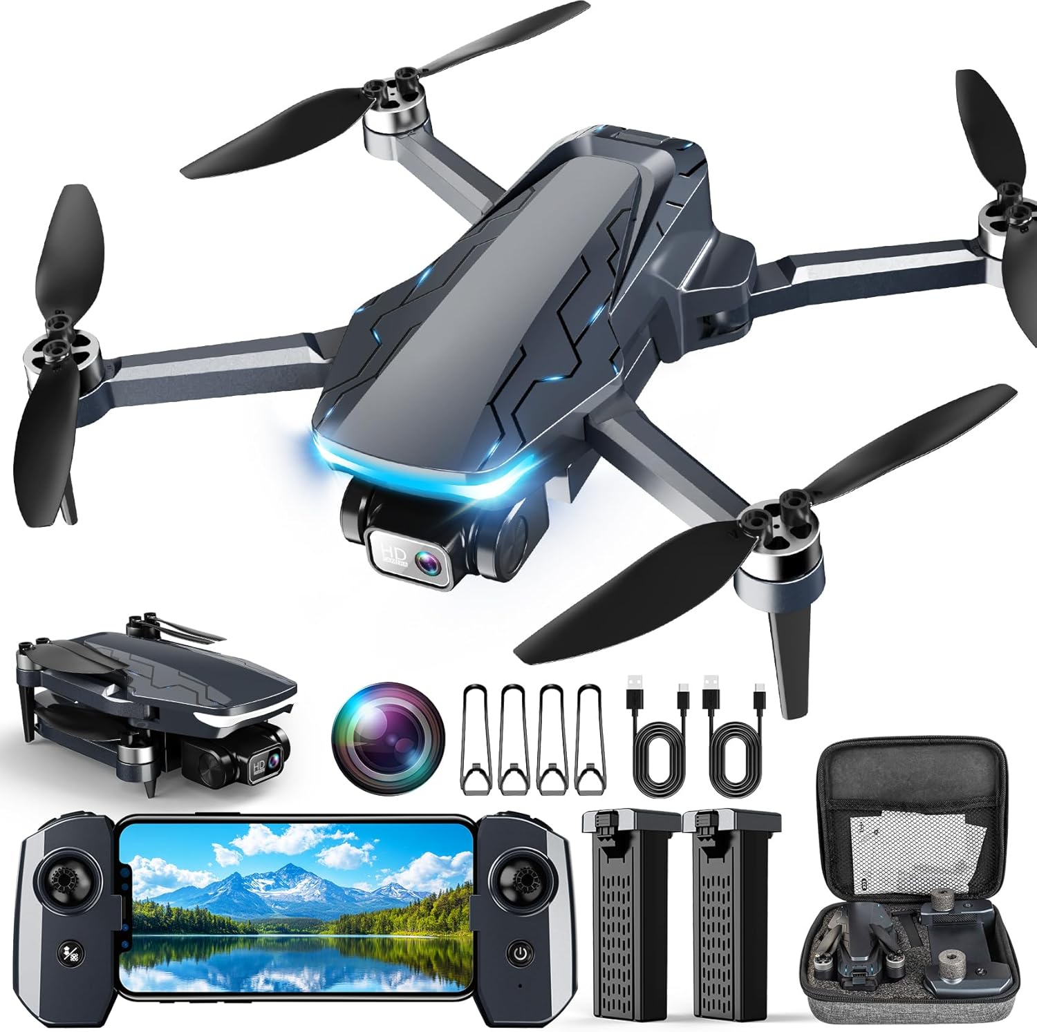 Drone with Camera, 2K HD FPV Drones with GPS Auto Return, Circle Fly, Waypoint Fly, 5G Transmission, Gestures Selfie, Brushless Motor, Lightweight Foldable Drone for Kids Adults Beginner, 2 Batteries